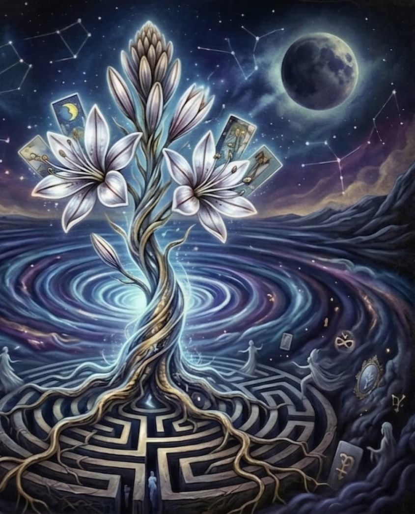 Illustrazione dell'albero fiorito che nasce dal labirinto sotto un cielo stellato